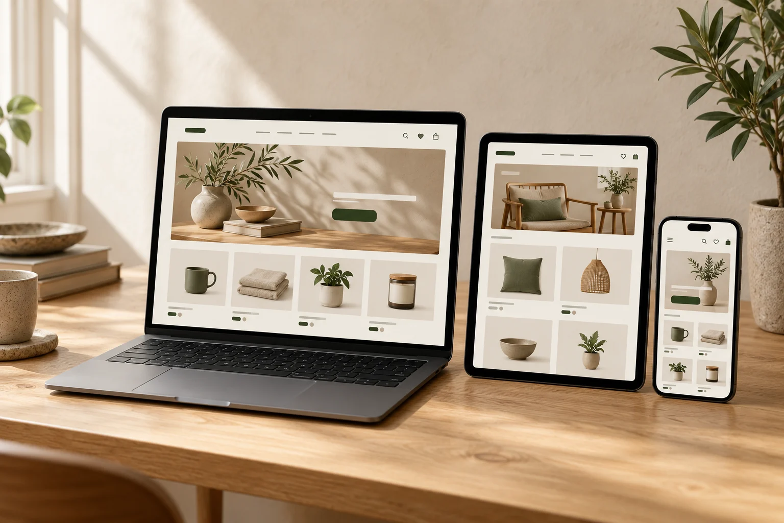 Notebook, tablet y celular sobre una mesa de madera mostrando una tienda online ilustrativa
